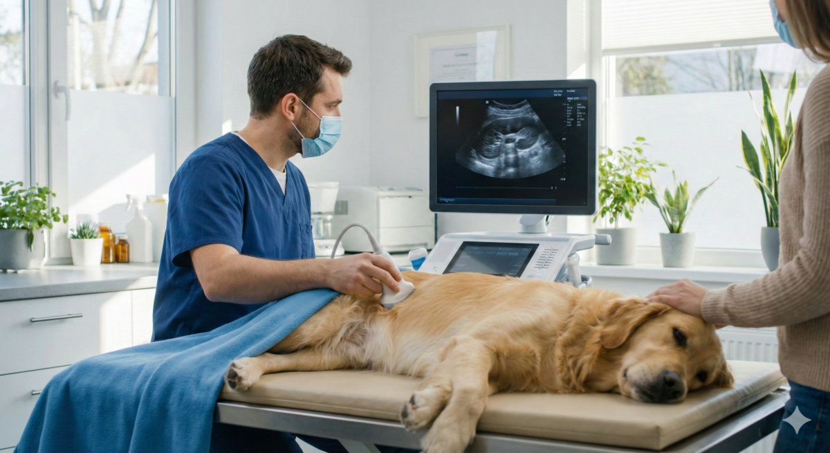 Lekarz weterynarii wykonujący badanie USG nerek u psa