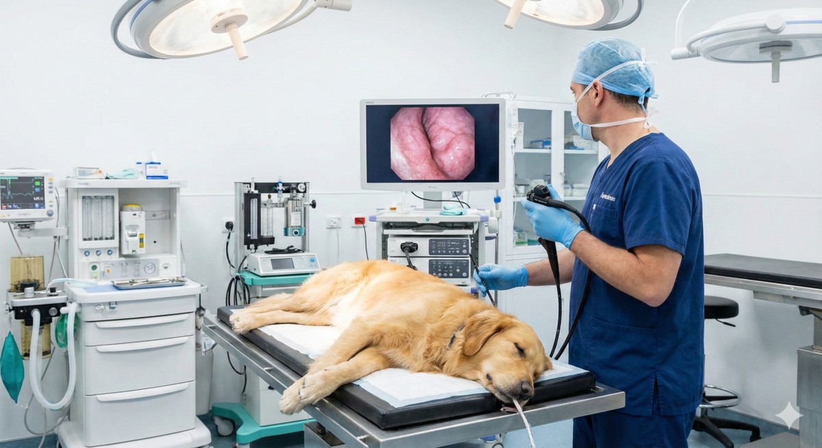 Lekarz weterynarii wykonujący badanie endoskopowe u psa
