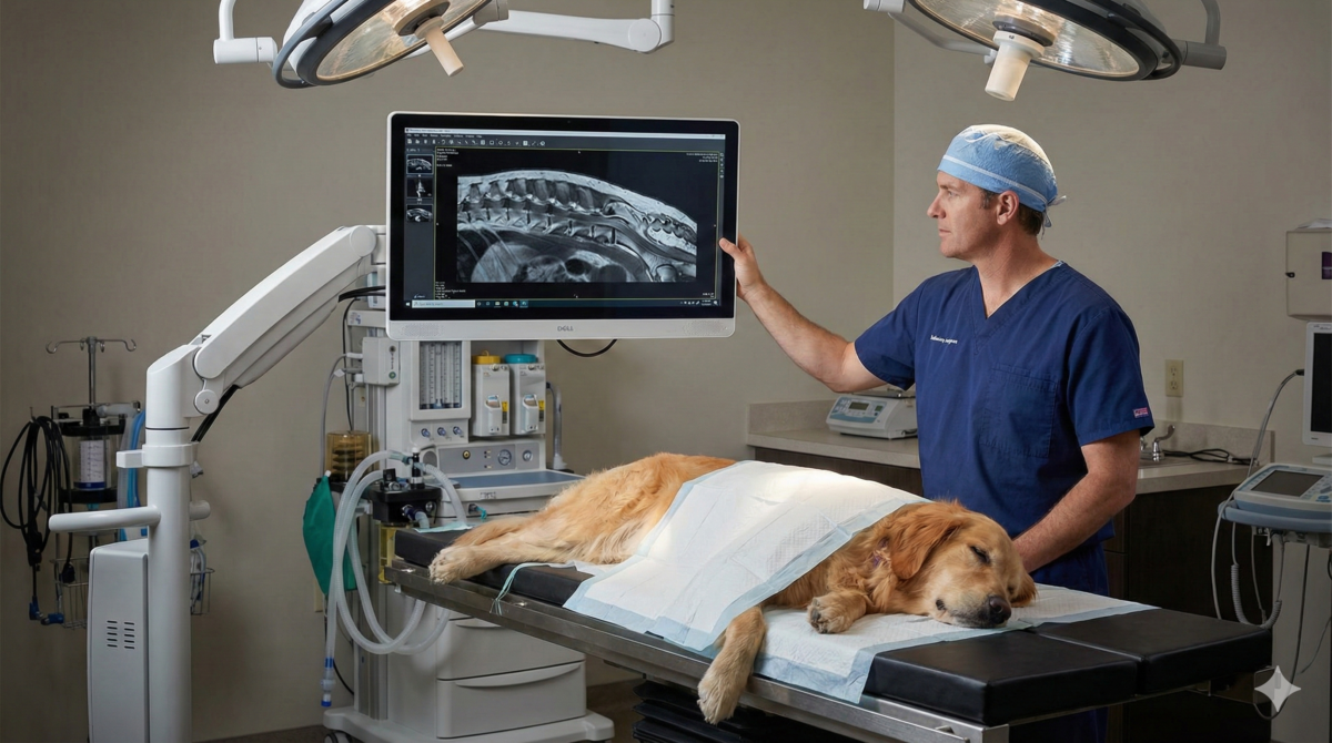 Lekarz weterynarii analizujący obraz kręgosłupa psa