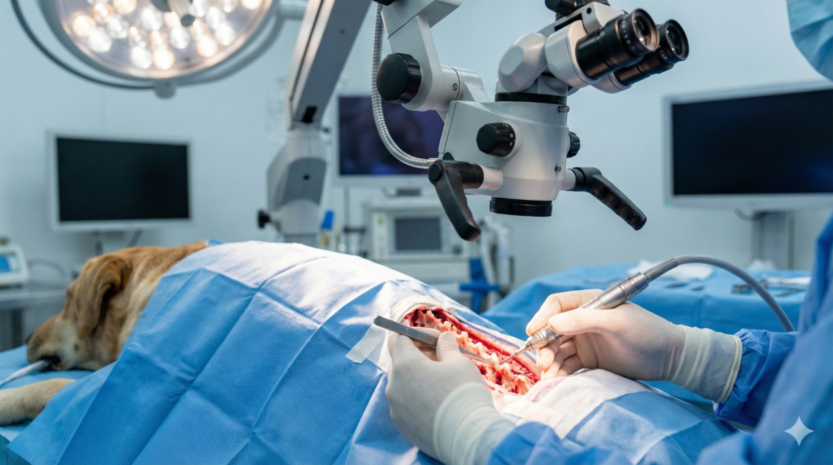 Chirurg weterynaryjny wykonujący foraminotomię u psa przy użyciu specjalistycznych narzędzi