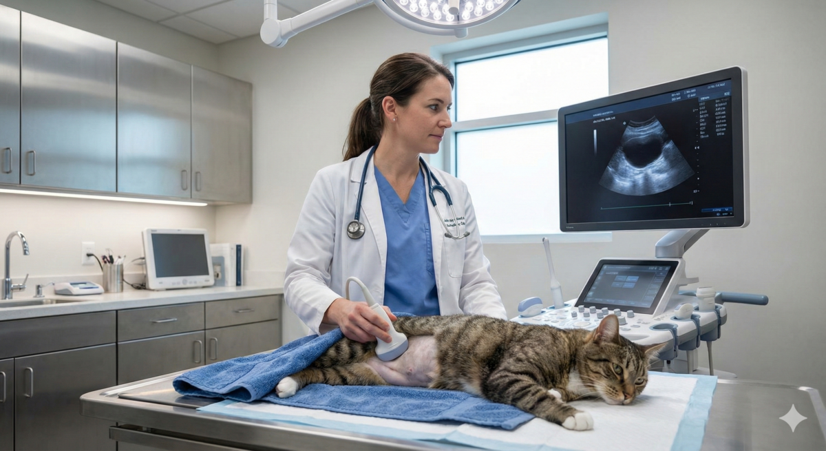 Lekarz weterynarii przeprowadzający badanie USG pęcherza moczowego u kota
