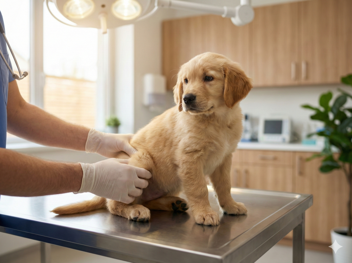 Lekarz weterynarii przeprowadzający badanie ortopedyczne bioder u szczeniaka